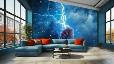 Hand holding up a lightning bolt. Energy and power. Stormy background. Blue glow. Zeus, thor Wall mural